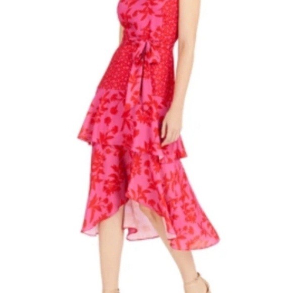Sam Edelman Sz XS Dress Botanical Tiered Pink Coral Ruffle Midi Wedding Party EC - Picture 3 of 16